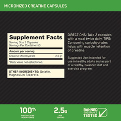 Micronized Creatine Monohydrate Capsules, Keto Friendly, 2500Mg, 100 Capsules