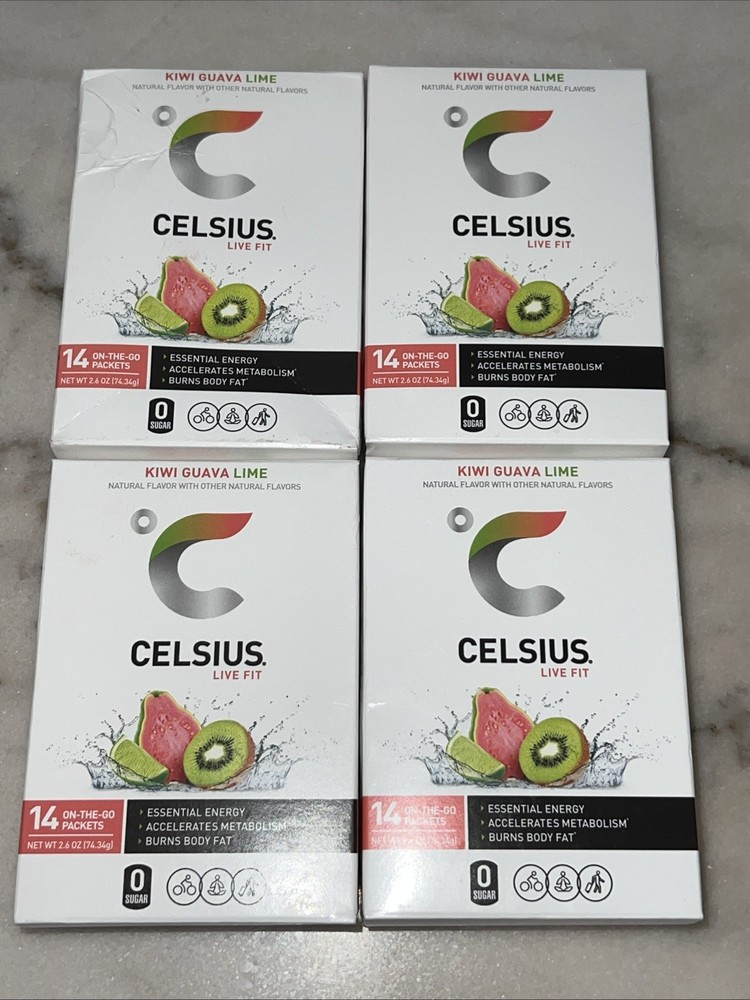 CELSIUS On-the-Go Energy Powder Packets Kiwi Guava Lime 14 CT – 4 Pack Bundle