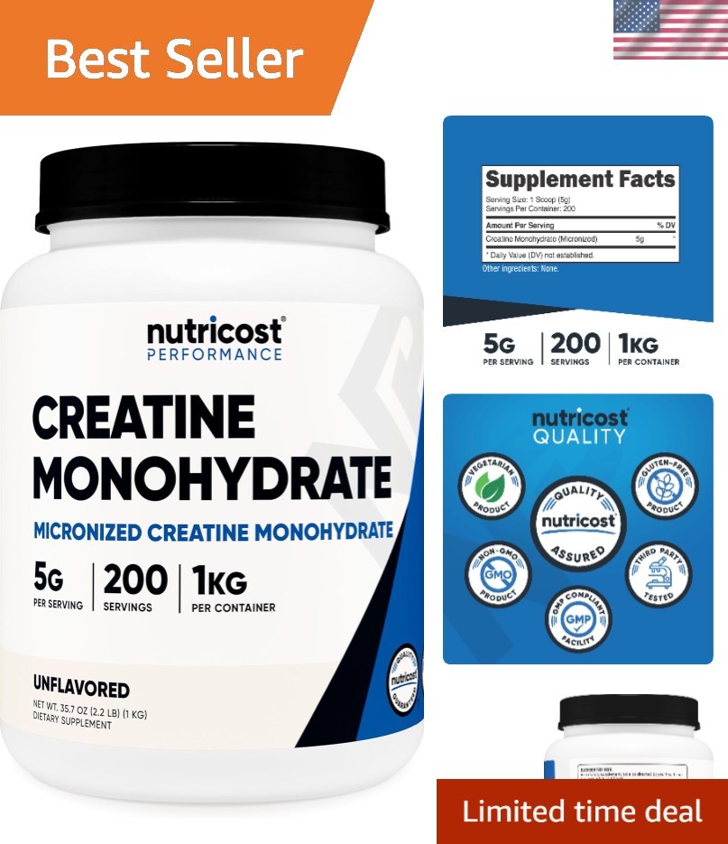 200 Servings of Pure Creatine Monohydrate Powder – 1 KG, Non-GMO, Muscle Builder