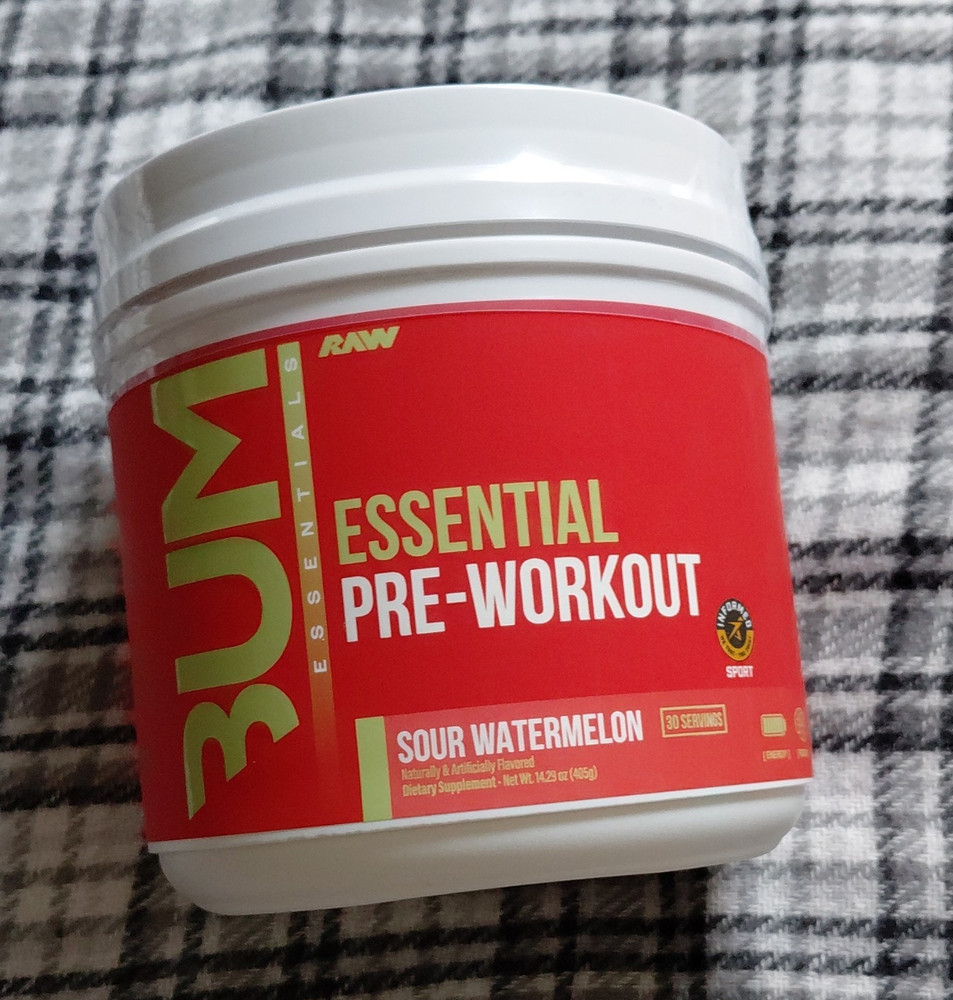 BUM RAW Essential Pre-Workout Powder Sour Watermelon Gym & Training 14.29 oz