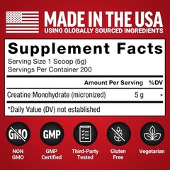 Creatine Monohydrate Powder – 200 Servings, 5g Dose for Muscle & Cognitive He…