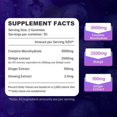 Creatine Gummies 3000mg with Shilajit 60 Ct Blueberry Muscle Recovery Energy