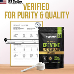 VELOMIX 100% Pure Creatine Monohydrate Powder 5g 60 Servings Micronized FROM USA