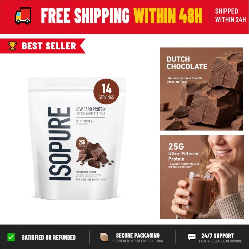 Isopure Low Carb Whey Protein Isolate Powder Dutch Chocolate 25g Protein 1lb