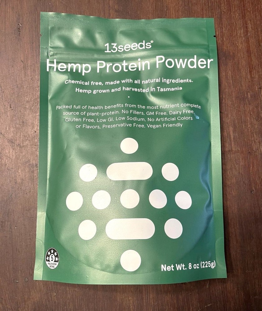13 seeds Tasmanian hemp protein powder. Non GM, no chemicals, vegan. 7 servings