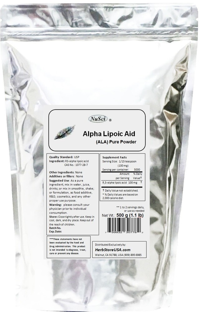 100% Pure ALA Alpha Lipoic Acid R,S- ALA Powder 500g (1.1lb) USP antioxidant
