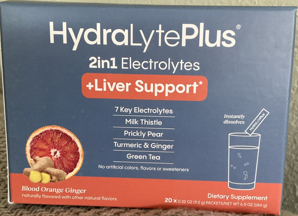 HydraLytePlus Electrolytes Liver Support Powder Blood Orange Ginger 20 Packets