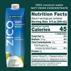 100% Pure Coconut Water, No Added Sugar, Electrolyte Hydration, 33.8 Fl Oz, 4-Pa