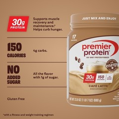 Premier Protein Powder, Café Latte, 30g Protein, 95mg Caffeine ,(17 Servings)