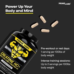 Prime Labs Creatine HCl Capsules – with CON-CRĒT, Rhodiola Root Extract – 60ct.