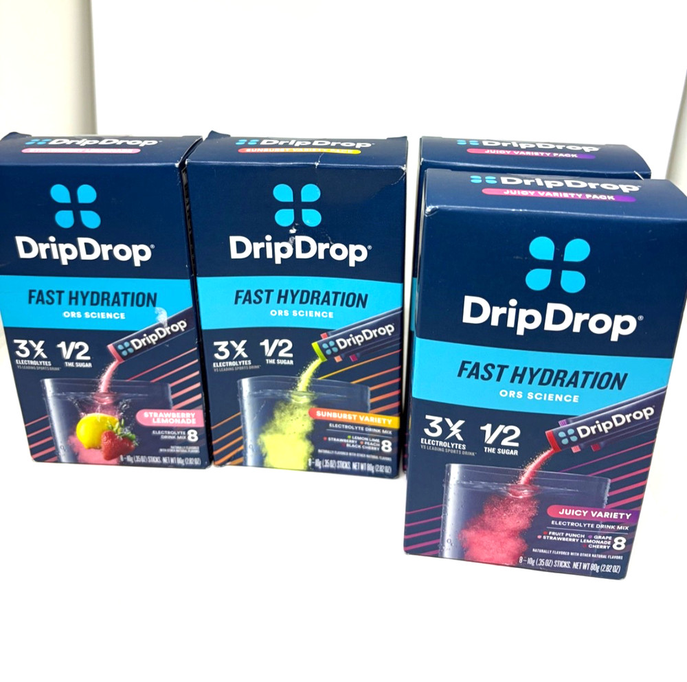 (4) DripDrop Hydration – Electrolyte Powder Packets -2 juicy 1 Sunburst 1 StrLem