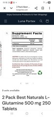 Best Naturals L-Glutamine 500mg 2 Pack 250 Tablets No Artificial Color, Sugar