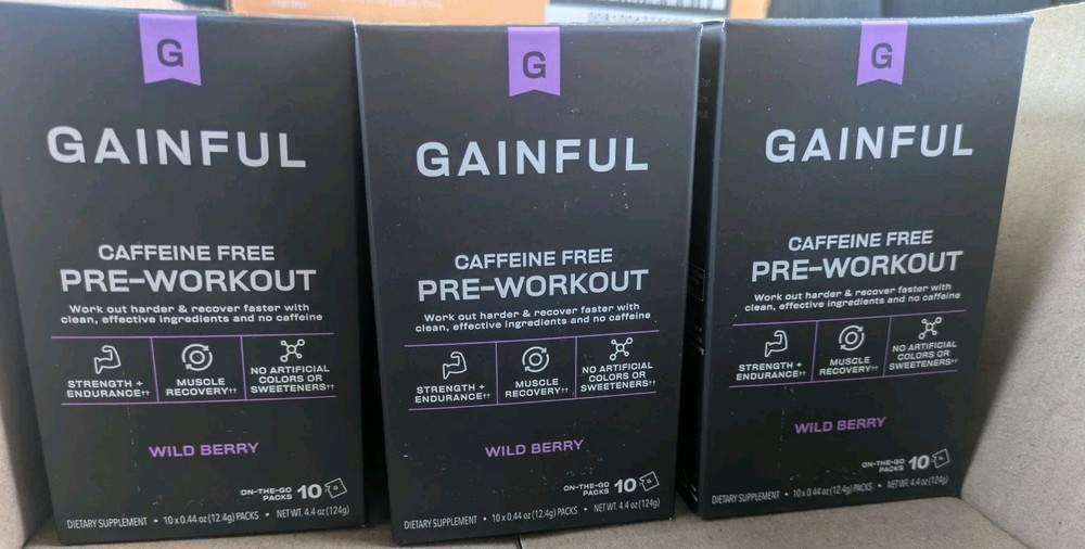 Lot Of Three Gainful Caffeine Free Pre-Workout Wild Berry 4.4 oz Exp 05/2026