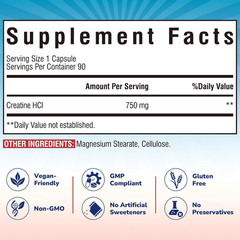 Creatine Hcl Capsule, 750Mg High Absorption Creatine Hydrochloride, Endurance, S