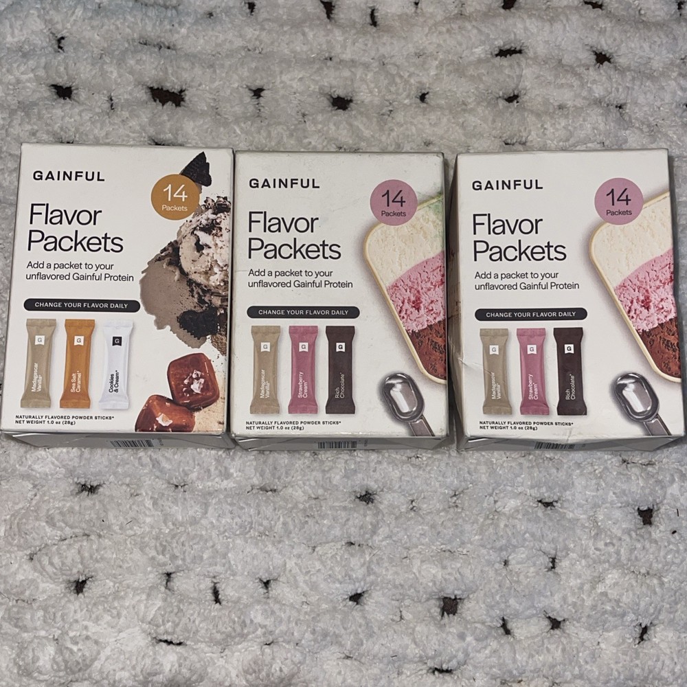 Lot Of 3 Gainful Flavor Packets, 14 Per Box – See Pic For Flavors – Exp 08/2026