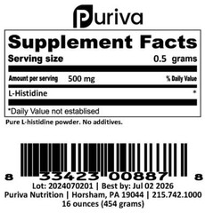 L-Histidine powder, 1 pound, by Puriva Nutrition