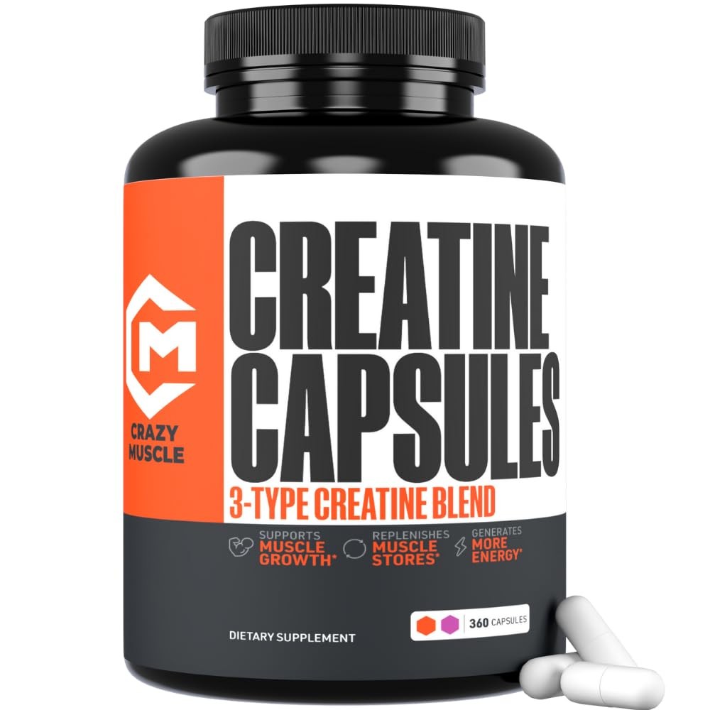 Crazy Muscle Creatine Capsules, 5g of Premium 3X ThreeAtine Pre Workout Bulk …