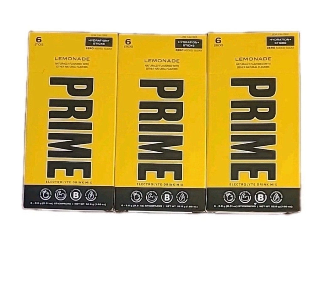 3 × Prime Electrolyte Hydration+Drink Mix Lemonade Zero Sugar Added 18 Sticks