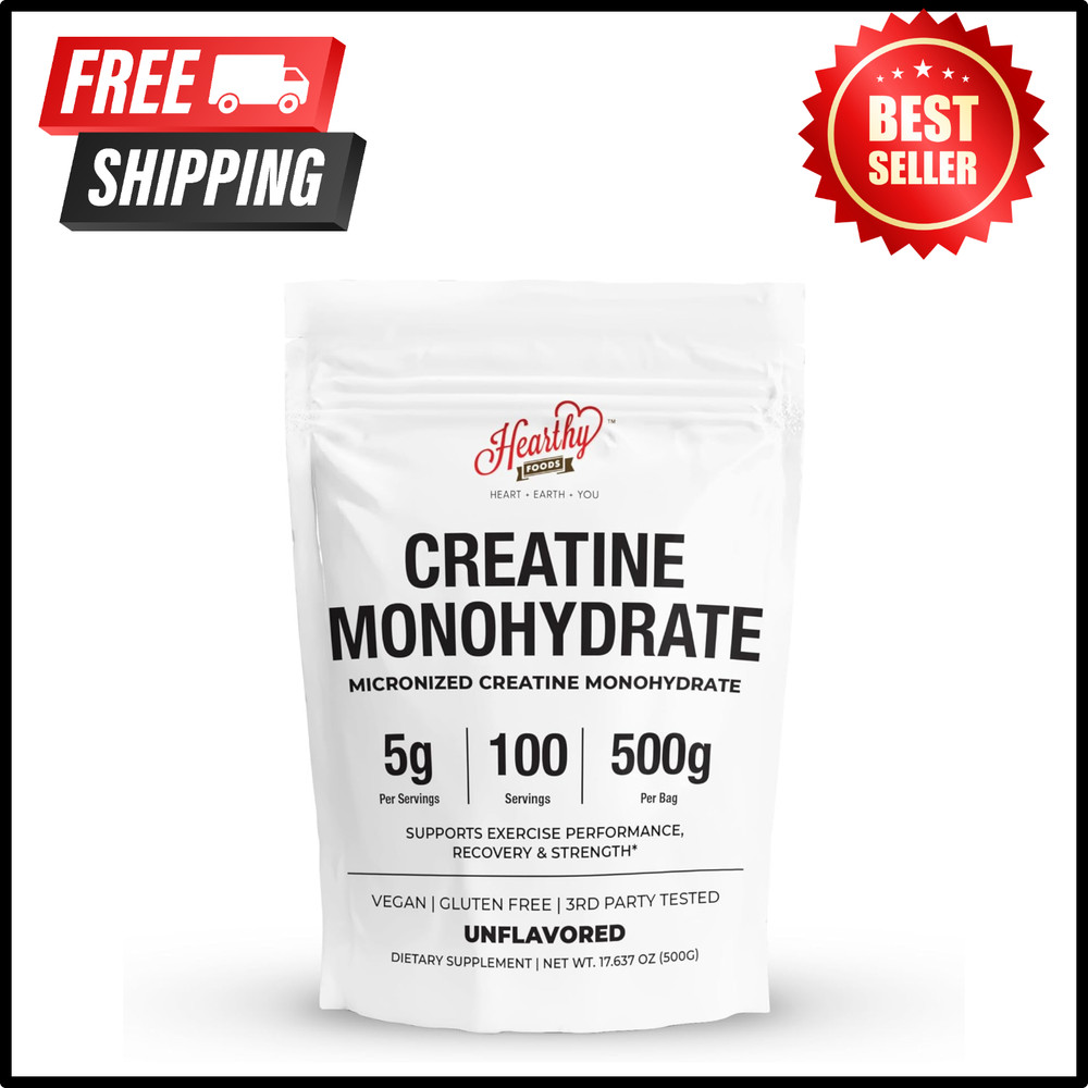 HEARTHY FOODS Creatine Monohydrate Micronized Powder 500G – 100 Servings, 5000mg