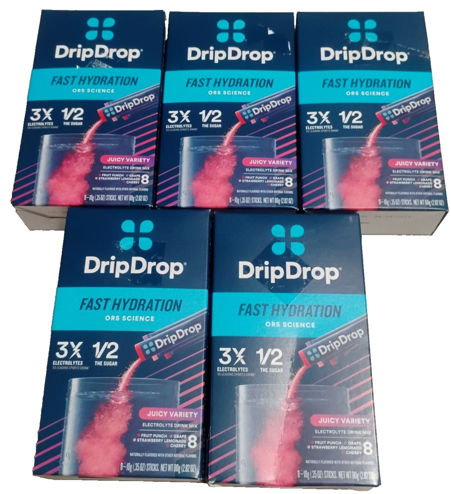 Drip Drop Hydration Drink Packets Juicy Variety 5 Boxes 8 Packets Each Box New