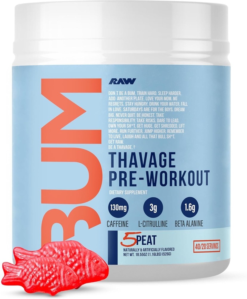 RAW CBUM Pre Workout Powder Thavage 5 Peat Red Gummy Sports Nutrition Supplement