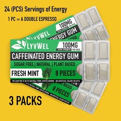 LyvWel All Natural Energy Focus Mint Fitness Gum 3 Packs Run jog 100mg Caffeine