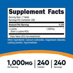 Nutricost L-Lysine 1000mg, 240 Tablets – Gluten Free, Non-GMO, and Vegetarian