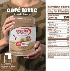 Premier Protein Powder, Café Latte, 30g Protein, 95mg Caffeine ,(17 Servings)