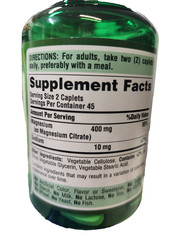 Puritan’s Pride Magnesium Citrate 400mg serving (2 caplets) – 90 coated caplets