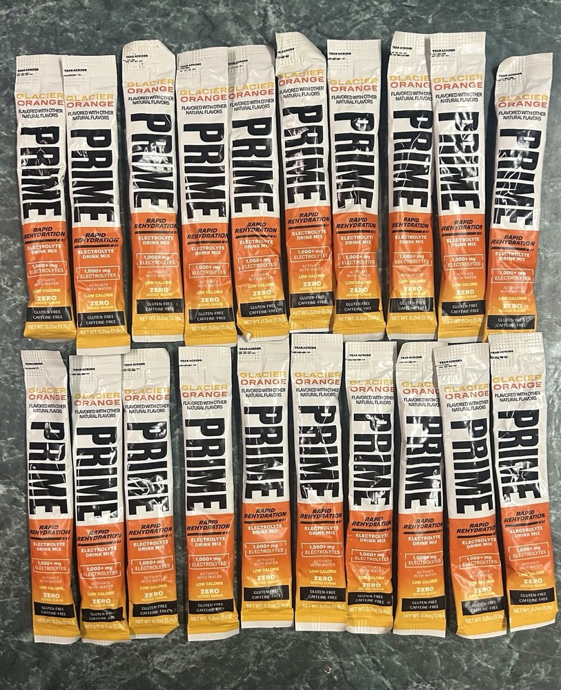 20 PRIME Electrolyte Hydration Powder Mix Sticks Glacier Orange Gluten-Free