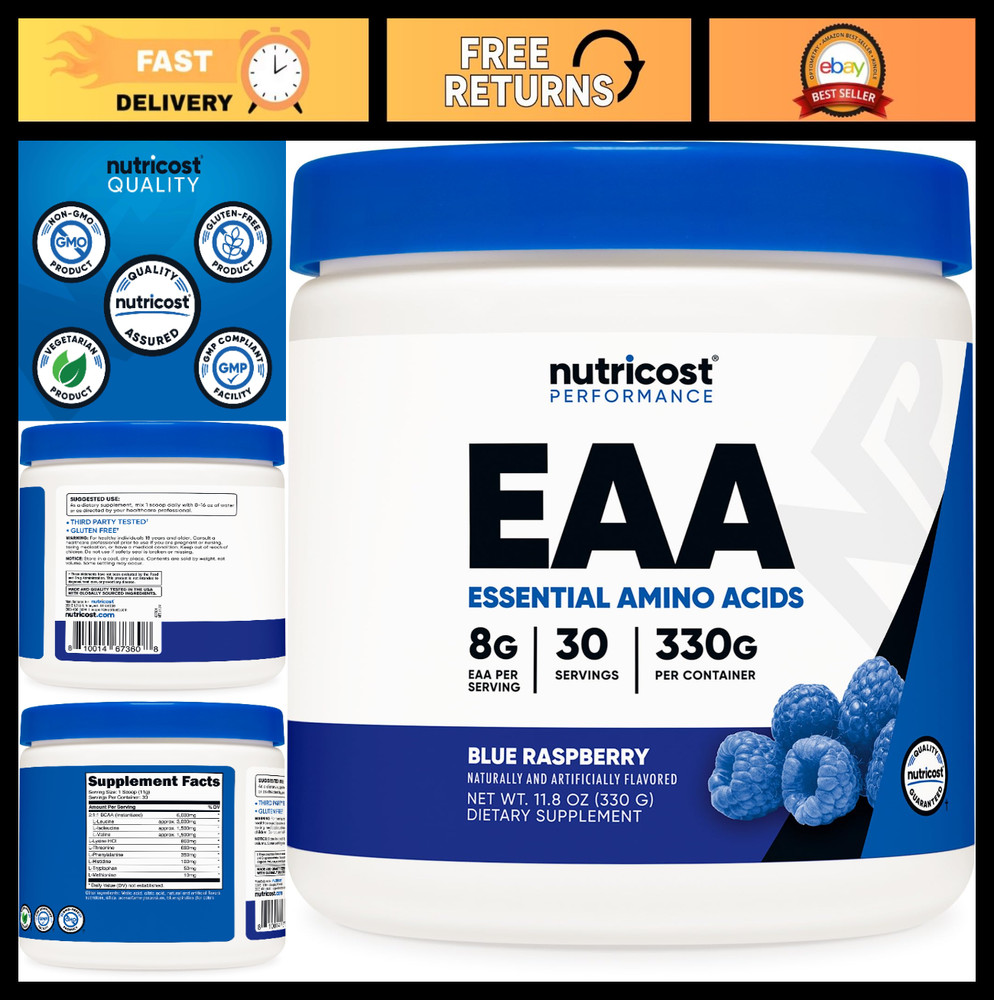 Essential Amino Acids EAA Powder 30 Servings – Blue Raspberry, Non-GMO, Gluten F