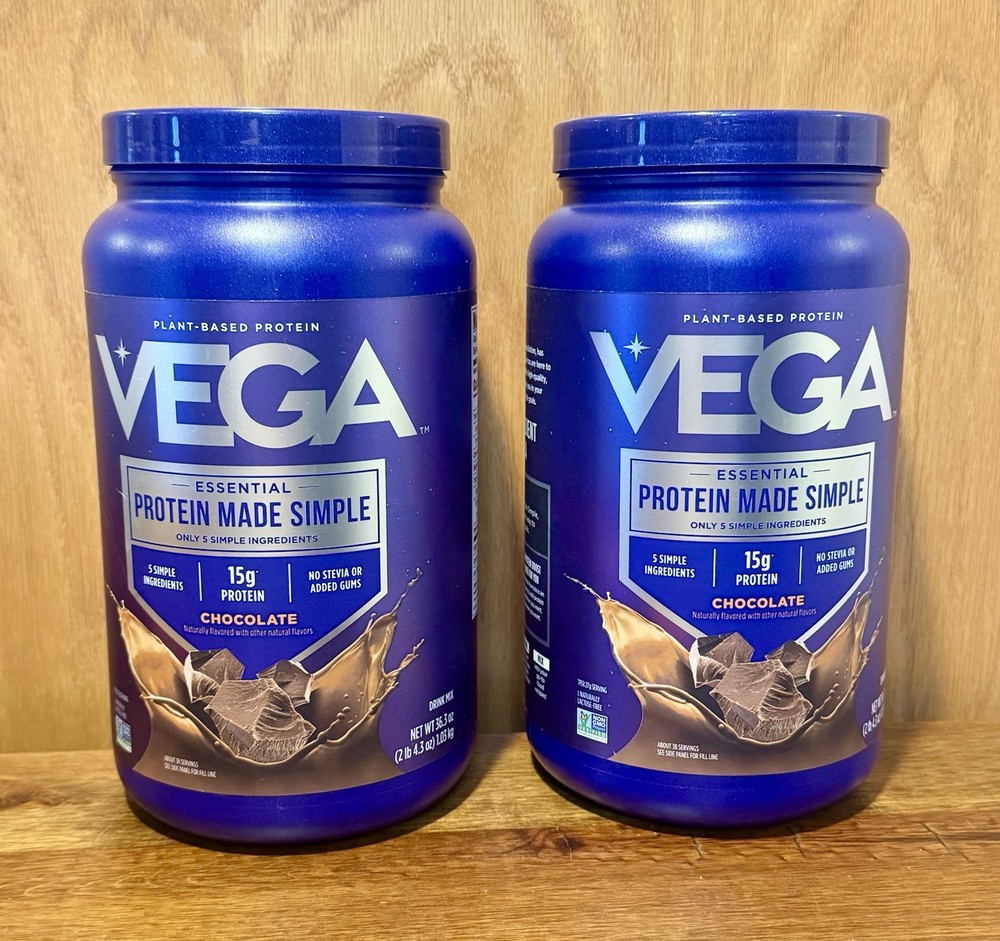 (2) VEGA Essential Protein Made Simple, Plant-Based Protein Chocolate 2lb 4.3 oz
