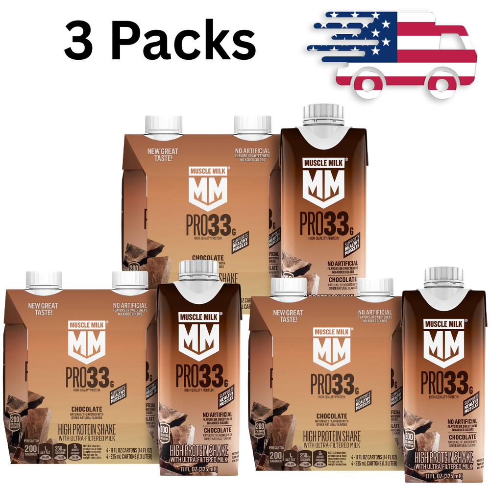 Muscle Milk Pro 33g Protein Shake Chocolate 11 fl oz Ready to Drink 4 ct x 3 PK