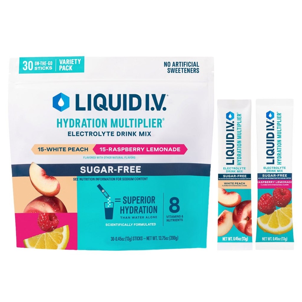 Liquid I.V. Sugar Free Variety Pack 30 Sticks White Peach Raspberry Lemonade