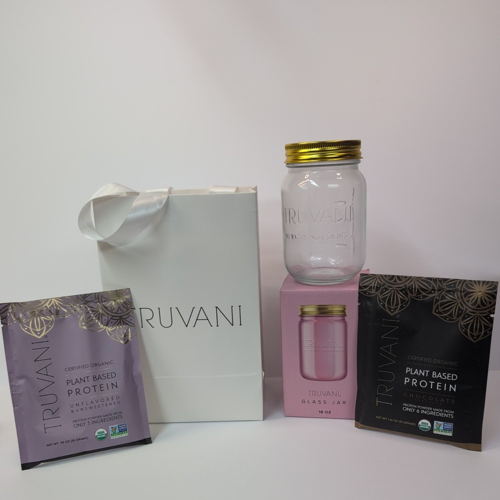 Truvani Protein Powder Kit 2 Packets, Mixing Jar, Gift Bag
