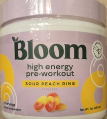 Bloom HIGH ENERGY PRE-WORKOUT 7 oz Size (30 Ser) Sour Peach Rings BEST BY 8/26