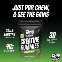 TASTY GAINS Creatine Gummies, 90g of Creatine, Non-GMO, Vegan – Build Muscle & B