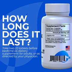 L-Arginine Capsules 1500mg, Nitric Oxide Booster, Blood Flow & Workout, 60 Count