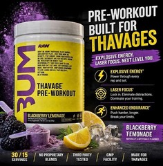 BUM Thavage Preworkout, RAW, 2 Tubs, Blackberry Lemonade, 30 Servings, 06/2027✨️