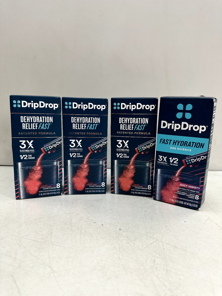 (4) DripDrop Hydration – Electrolyte Powder Packets – Grape, Fruit Punch,