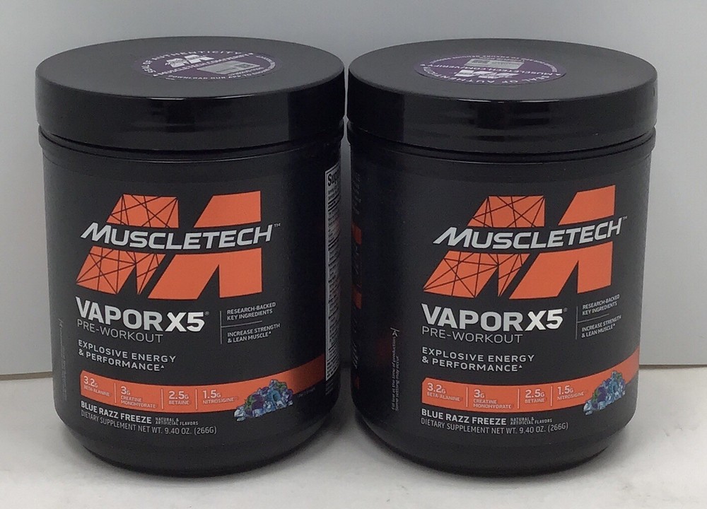 2X MUSCLE TECH VAOPR 5X PRE-WORKOUT BLUE RAZZ 9.4 OZ EACH EXP 01/2027 OR BETTER