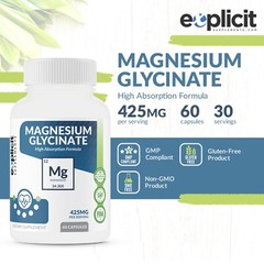 Pure Magnesium Glycinate 425mg, 100% Chelated, 60 Capsules – USA Made – 1 Month