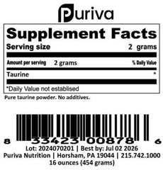 Taurine powder, 1 pound, by Puriva Nutrition