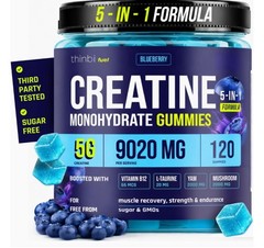 Thinbi Creatine Gummies 120 Count 5g Creatine Sugar Free Blueberry Exp 2028