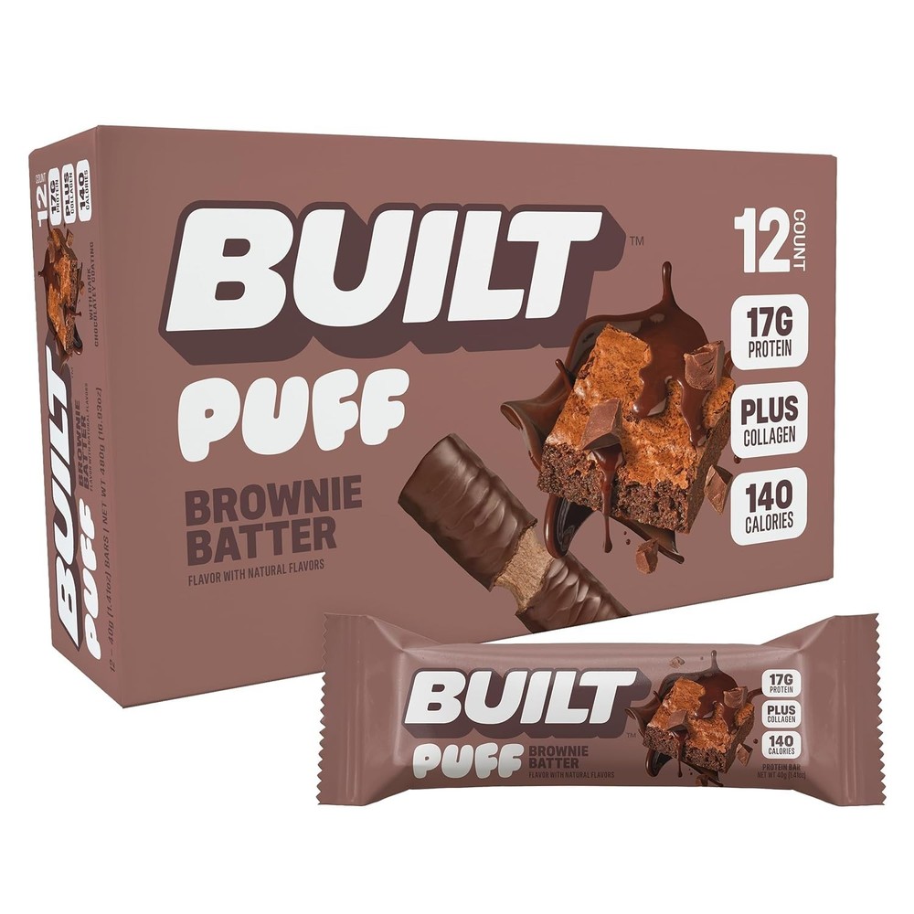 BUILT Puff Protein Bars Brownie Batter 12 Count 17g Protein Gluten Free Collagen