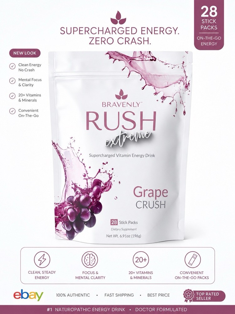 Bravenly Global Grape Rush Extreme Supercharged Vitamin Drink 28 Sticks Packs