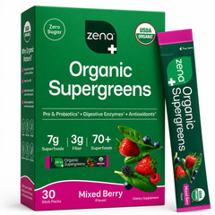 Zena Organic Supergreens Powder, Mixed Berry, 30 Servings 70+ Superfoods, 0Sugar