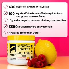 Ascent Clean Hydration + Energy Electrolytes Powder – 100mg Caffeine, 400mg Elec