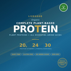 LiveGood Plant Based Protein Powder Pea Hemp Vanilla 30.8oz USDA Organic 30 Svgs