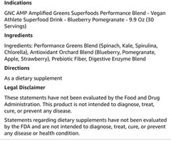 GNC AMP AMPLIFIED GREENS Powder 10oz (30 Serv) Blueberry Pomegra BEST BY 08/26